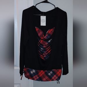 Black and red plaid side-ruching long-sleeve women's top XXL